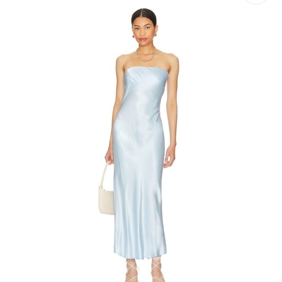 SANDYS Dresses & Skirts - Strapless Satin Midi Dress in Pale Blue